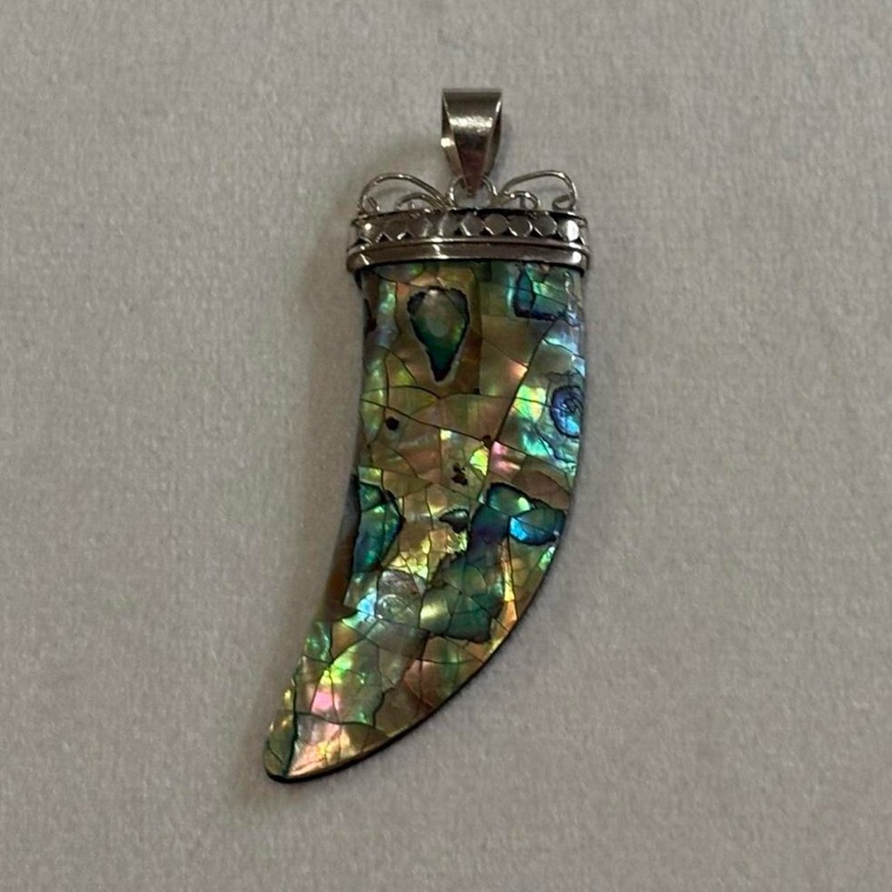 Vintage Abalone Shell 925 Sterling Silver Claw Horn Statement Necklace Pendant